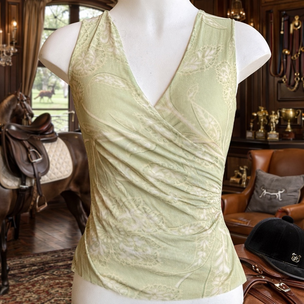 Sweet Pea Sage Green Ruched Floral Mesh Sleeveless Top Size S